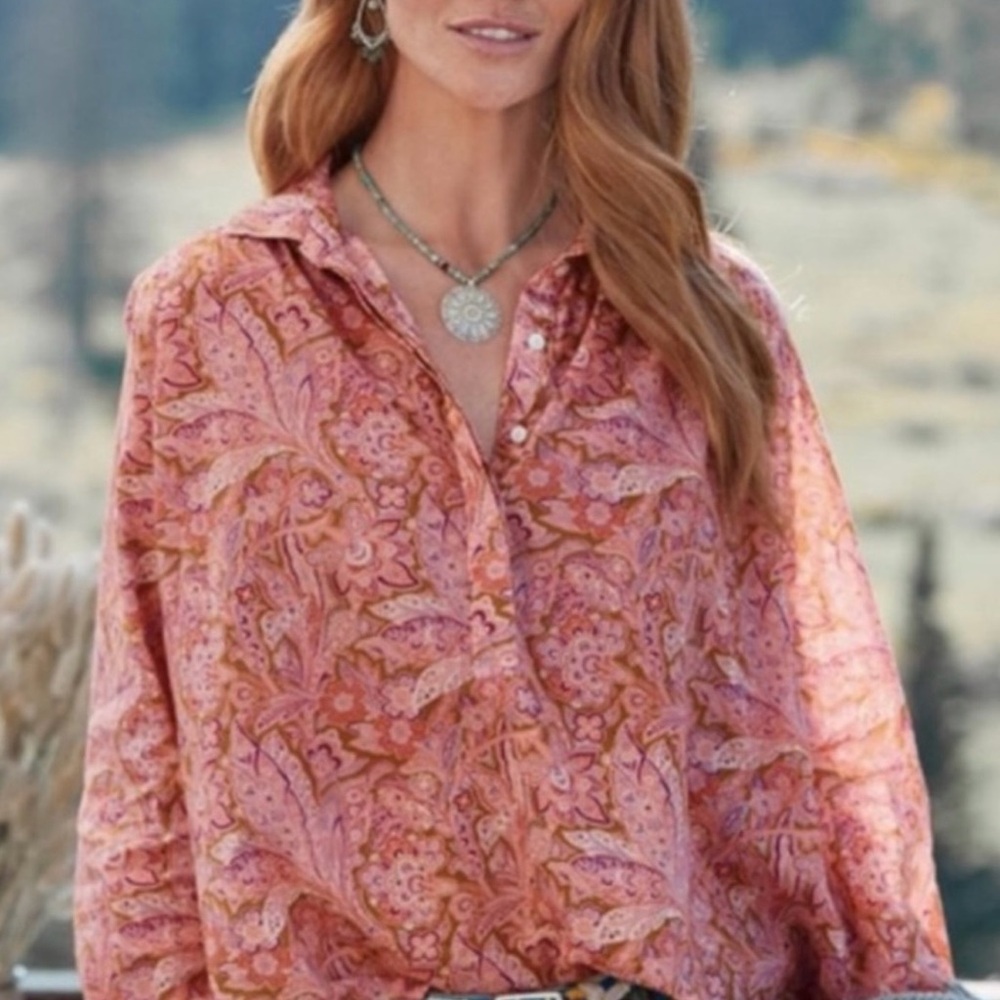 Sundance Poppy Bloom paisley print cotton blouse top in pink and orange